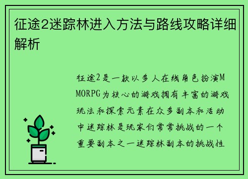 征途2迷踪林进入方法与路线攻略详细解析